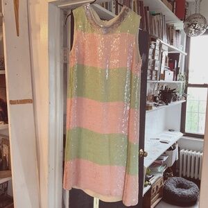 Bill Blass sequined pale green and pink dress. Never worn, bought from old stock